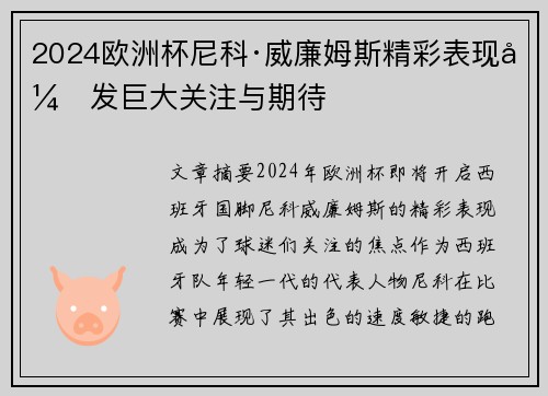 2024欧洲杯尼科·威廉姆斯精彩表现引发巨大关注与期待